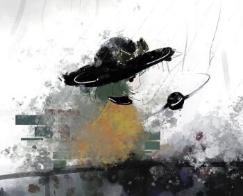 Rule 34 | 1girl, abstract, black hat, bowler hat, commentary, from side, green hair, hat, highres, komeiji koishi, looking at viewer, medium hair, nikentine, no pupils, shirt, sideways glance, solo, third eye, touhou, untranslatable commentary, upper body, yellow shirt