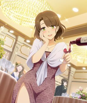 1boy 2girls alcohol black_suit blue_dress blush bottle brown_hair ceiling_light champagne_flute chandelier cowboy_shot cup dress drinking_glass dutch_angle faceless faceless_female faceless_male flower formal_clothes game_cg hand_on_own_cheek hand_on_own_face hashima_ema head_tilt holding holding_cup indoors jewelry looking_at_viewer multiple_girls necklace official_art open_mouth pink_flower pink_rose print_dress purple_dress purple_shawl rose shawl short_hair side_slit smile solo_focus sparkle suit teeth thighs third-party_source toji_no_miko toji_no_miko:_kizamishi_issen_no_tomoshibi upper_teeth_only white_flower wine wine_bottle