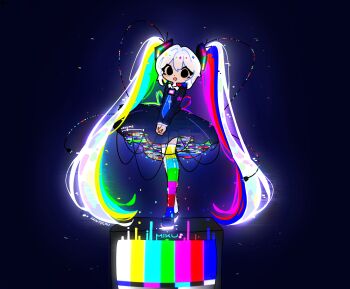 1girl :d absurdly_long_hair absurdres alternate_costume aqua_hair artist_name asymmetrical_legwear black_eyes blonde_hair blue_dress blue_hair blue_necktie blush_stickers character_name commentary crt dress english_commentary full_body glitch green_hair hatsune_miku highres long_hair long_sleeves minty_chu mismatched_legwear multicolored_hair multicolored_thighhighs necktie open_mouth own_hands_together pink_hair power_cord red_hair smile solo standing static streaked_hair striped_clothes striped_thighhighs test_card thighhighs twintails very_long_hair vocaloid white_hair white_thighhighs