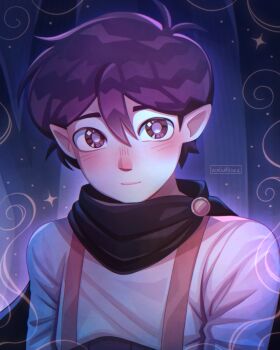 1boy alternate_costume alternate_universe antenna_hair artist_name black_eyes black_hair blush closed_mouth commentary double-parted_bangs english_commentary hair_between_eyes highres long_sleeves looking_at_viewer male_focus omori pointy_ears short_hair solo sunny_(omori) upper_body zoewillowz