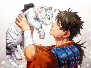 1boy animal armor brown_hair closed_eyes cub eyelashes gradient_background grey_background heart holding holding_animal japanese_armor japanese_clothes jin_akhr kimono male_focus mutsu-no-kami_yoshiyuki orange_kimono shoulder_armor smile sode solo tiger touken_ranbu white_tiger