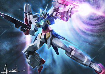 amasaki_yusuke aqua_eyes beam_rifle energy_gun firing gun gundam gundam_age gundam_age-2 gundam_age-2_double_bullet holding holding_gun holding_weapon humanoid_robot mecha mobile_suit robot science_fiction signature solo space v-fin weapon