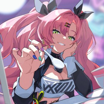 1girl absurdres black_jacket breasts chinese_commentary cleavage commentary_request green_eyes hair_ornament hairclip highres holding holding_spoon jacket large_breasts long_hair looking_at_viewer midriff multicolored_nails navel nicole_demara pink_hair smile solo spoon srf_feng tank_top twintails very_long_hair white_tank_top zenless_zone_zero