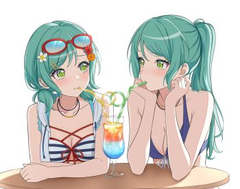 2girls aqua_hair bang_dream! bikini blue_bikini breasts cleavage collarbone commentary commission cup english_commentary eyewear_on_head fries_vanquisher green_eyes hair_ornament hairclip head_rest highres hikawa_hina hikawa_sayo jewelry long_hair low_twintails medium_breasts medium_hair multiple_girls necklace pixiv_commission ponytail red-framed_eyewear shared_drink short_twintails siblings simple_background sisters sweatdrop swimsuit twins twintails white_background