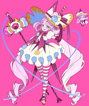 1girl :d absurdly_long_hair bad_id bad_twitter_id blue_eyes bow colored_skin cookie_run cookie_run:_tower_of_adventures cross cross-shaped_pupils cross_facial_mark cute_weapon double_bun dress elbow_gloves facial_mark food-themed_hat_ornament frilled_dress frills full_body gloves hair_bun hammer hand_on_headwear hat hat_ornament highres humanization long_hair looking_at_viewer multicolored_hair official_art_inset ohta_guk_hip open_mouth pink_background pink_bow pink_gloves pink_hair pink_shoes pink_skin pink_thighhighs puffy_short_sleeves puffy_sleeves reference_inset ringlets shoes short_sleeves simple_background smile standing streaked_hair striped_clothes striped_thighhighs sundae_cookie symbol-shaped_pupils teeth thighhighs twintails upper_teeth_only very_long_hair weapon white_dress white_hair white_thighhighs witch_hat