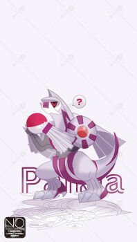 Rule 34 | ?, black sclera, claws, colored sclera, dragon, fangs, gen 4 pokemon, highres, holding, holding poke ball, legendary pokemon, meme (sleepsheep), nintendo, no humans, palkia, poke ball, poke ball (basic), pokemon, pokemon (creature), pokemon focus, red eyes, speech bubble, spoken question mark, tail