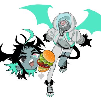 1girl animal_feet aqua_eyes aqua_hair aqua_wings black_eyes black_hair claws collar colored_inner_hair commentary disembodied_head english_commentary floating_head full_body head_wings heterochromia highres jacket mismatched_pupils monster_girl multicolored_hair original pink_eyes sharp_teeth short_hair simple_background solo somersaultdropkick spiked_anklet stitches tail teeth white_background wings