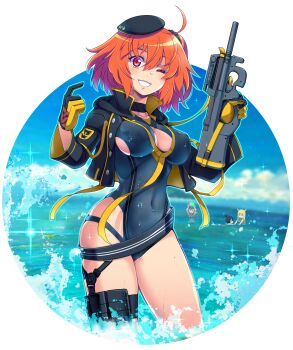 4girls ahoge ball beachball black_hair blonde_hair breasts bullpup cleavage fate/grand_order fate_(series) fujimaru_ritsuka_(female) gloves gun hat highres hildr_(fate) holding holding_gun holding_weapon looking_at_viewer multiple_girls one_eye_closed ortlinde_(fate) p90 partially_submerged personal_defense_weapon pink_hair red_eyes red_hair sideboob sideboob_cutout submachine_gun suppressor swimsuit taru_neko thigh_strap thrud_(fate) valkyrie_(fate) water weapon