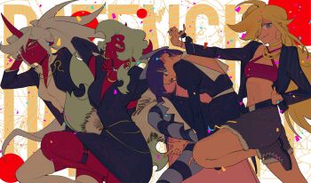 Rule 34 | 4girls, bead necklace, beads, belt, black belt, blonde hair, blue eyes, blue hair, blunt bangs, boots, bow, breasts, choker, cleavage, colored inner hair, colored skin, criss-cross halter, crop top, demon girl, demon horns, dress, earrings, fang, flipped bangs, glasses, gothic lolita, green eyes, green hair, guru.zong, hair bow, halterneck, highres, hoop earrings, horns, jewelry, kneesocks (psg), large breasts, legs, lolita fashion, long hair, medium breasts, midriff, multicolored hair, multiple girls, navel, necklace, panty &amp; stocking with garterbelt, panty (psg), pink hair, pointy ears, ponytail, purple hair, red skin, red tube top, scanty (psg), shoes, shorts, siblings, single horn, sisters, skirt, smile, stocking (psg), strapless, striped clothes, striped leggings, striped thighhighs, thighhighs, thighs, tube top, two-tone hair