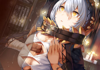 1boy 1girl belko blurry blurry_background bracelet breasts breasts_squeezed_together candlelight censored clothed_female_nude_male code_vein collarbone cum cum_on_body cum_on_breasts cum_on_upper_body expressionless hair_between_eyes hetero highres huge_breasts indoors io_(code_vein) jewelry long_hair mosaic_censoring necklace nude open_mouth paizuri penis perpendicular_paizuri see-through_silhouette short_hair sidelocks silver_hair solo_focus sweat x-ray yellow_eyes