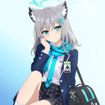 Rule 34 | abydos high school logo, animal ears, bag, blue archive, blue eyes, blue halo, blue scarf, closed mouth, cross hair ornament, grey hair, hair ornament, halo, id card, jacket, kneehighs, miraa (mirroa1015), mismatched pupils, scarf, school uniform, shiroko (blue archive), shirt, short hair, shoulder bag, simple background, skirt, socks, white shirt, wolf ears