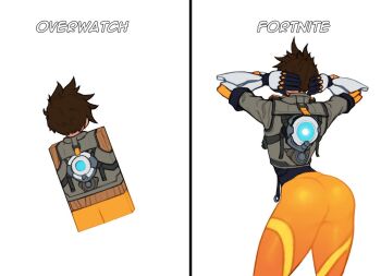 1girl akeowi arms_behind_head ass cube dancing flat_ass fortnite from_behind gauntlets huge_ass jacket meme orange_pants overwatch pants short_hair sleeves_rolled_up tagme tracer_(overwatch)