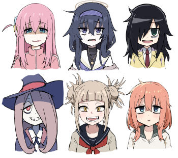 6+girls bags_under_eyes black_hair blonde_hair blue_archive blue_eyes blue_hair blunt_bangs bocchi_the_rock! boku_no_hero_academia crossed_bangs crossover double_bun fangs gotoh_hitori green_eyes hair_between_eyes hair_bun hair_ornament hairband halo hat highres jacket jewelry kuroki_tomoko little_witch_academia long_hair michinoku_komaro mojyo multiple_crossover multiple_girls necktie open_mouth pink_hair pink_jacket red_eyes sailor_collar school_uniform seitokai_ni_mo_ana_wa_aru! shirt short_hair simple_background smirk sucy_manbavaran sweater tagme tenten_(chan4545) toga_himiko track_jacket trait_connection turtleneck ui_(blue_archive) watashi_ga_motenai_no_wa_dou_kangaetemo_omaera_ga_warui! white_background white_sailor_collar white_shirt witch_hat yellow_eyes