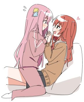 Rule 34 | 2girls, black skirt, blue eyes, blush, bocchi the rock!, brown shirt, closed mouth, commentary, cube hair ornament, flying sweatdrops, gotoh hitori, green eyes, hair ornament, haru (konomi 150), heart, highres, holding hands, interlocked fingers, jacket, kita ikuyo, long hair, multiple girls, one side up, open mouth, pants, pink hair, pink jacket, pink pants, red hair, sailor collar, school uniform, shirt, shuka high school uniform, simple background, skirt, smile, straddling, track jacket, white background, white sailor collar, yuri