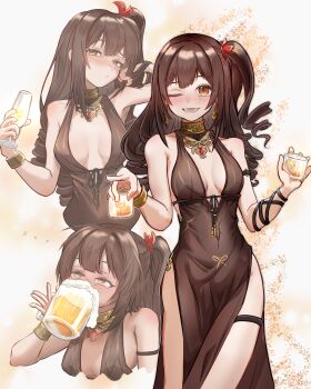 1girl ;) beer_mug bracelet breasts brown_dress brown_eyes brown_hair commentary_request cup dress drinking drunk evening_gown girls&#039;_frontline girls&#039;_frontline_2:_exilium highres holding holding_cup jewelry long_hair looking_at_viewer lotan mayling_shen_(girls&#039;_frontline_2) medium_breasts mole mole_under_eye mug multiple_expressions multiple_views one_eye_closed one_side_up pelvic_curtain simple_background sleeveless sleeveless_dress smile thigh_strap