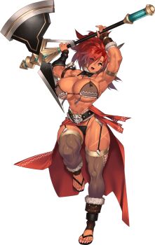 1girl 2025 armlet axe battle_axe belt black_panties blue_hair boots bra breasts brown_bra cape cleavage collar dark-skinned_female dark_skin dynamic_pose eyebrows_hidden_by_hair feet female_focus fingerless_gloves flower full_body fur-trimmed_boots fur-trimmed_gloves fur_trim garter_belt garter_straps geldin_(monmusu_td) gloves gradient_background hair_flower hair_ornament highres horns huge_breasts huge_weapon jewelry lace_trim long_hair looking_at_viewer messy_hair monster_musume_td muscular muscular_female nail_polish official_art panties pink_nails ponytail red_cape red_eyes red_hair scar serious single_horn skindentation standing standing_on_one_leg stirrup_legwear teeth thick_thighs thighs toeless_legwear toenail_polish toenails toes toned toned_female transparent_background underwear upper_teeth_only v-shaped_eyebrows variant_set waist_cape weapon