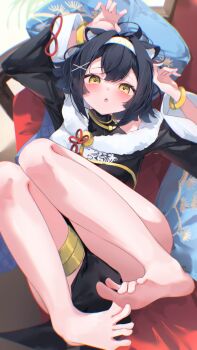 1girl :o absurdres ahoge amber_(stella_sora) animal_ears ass bell black_dress black_hair blush bracelet chinese_clothes chisei259 commentary_request couch dress feet gold_necklace hair_intakes hair_ornament hairband highres jewelry jingle_bell kemonomimi_mode long_sleeves looking_at_viewer lying necklace official_alternate_costume on_back on_couch open_mouth pelvic_curtain pillow solo spread_toes stella_sora thigh_strap thighs tiger_ears toes white_hairband x_hair_ornament yellow_eyes