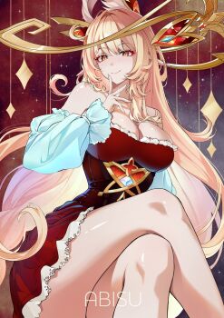 1girl alice_(genshin_impact) artist_name bare_shoulders blonde_hair breasts cleavage closed_mouth collarbone commentary crossed_legs dress english_commentary frilled_dress frills fromabisu gem genshin_impact gold hair_between_eyes hand_up hat highres large_breasts long_hair long_sleeves looking_ahead night off-shoulder_dress off_shoulder pointy_ears red_dress red_sky sitting sky solo star_(sky) star_(symbol) starry_sky thighs very_long_hair witch_hat yellow_eyes