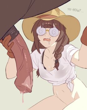 1girl @_@ animal_penis bestiality blunt_bangs blush bottomless braid breasts brown_gloves brown_hair cleavage coke-bottle_glasses collarbone cowboy_hat drooling glasses gloves grey_background hands_up hat highres holding horse_penis long_hair mole mole_above_mouth navel open_mouth original penis precum realda_(vibrantrida) shirt short_sleeves simple_background sketch small_breasts tied_shirt uncensored veins veiny_penis vibrantrida white_shirt