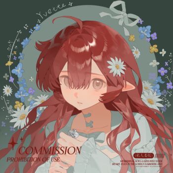 Rule 34 | 1girl, ahoge, bandaid, bandaid on neck, bao rong, blue flower, bow, brown eyes, commission, flower, frills, hair between eyes, hair flower, hair ornament, highres, holding, long hair, long sleeves, looking at viewer, makeup, mihuashi commission, original, parted lips, pointy ears, purple flower, red hair, rouge (makeup), sidelocks, solo, square, upper body, watermark, white bow, white flower, yellow flower