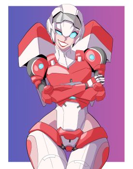 1girl absurdres android arcee blue_eyes breasts colored_skin crossed_arms curvy dyyxov flame_toys flame_toys_arcee helmet highres humanoid_robot medium_breasts panties pink_panties red_lips robot robot_girl smile solo transformers underwear white_skin wide_hips