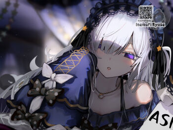 1girl artist_name bare_shoulders black_bow blurry blurry_background bow commentary_request crescent crescent_necklace dress frilled_dress frills gothic_lolita hair_over_one_eye hairband inamori_ryusa jewelry lolita_fashion lolita_hairband long_hair long_sleeves looking_at_viewer mahou_shoujo_no_majo_saiban natsume_an-an necklace polka_dot polka_dot_bow purple_eyes sleeves_past_fingers sleeves_past_wrists solo upper_body white_hair