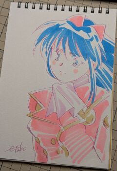 Rule 34 | 1girl, arm behind back, artist name, blue eyes, blue hair, bow, hair ribbon, highres, long hair, looking at viewer, military uniform, ponytail, red bow, ribbon, sakura taisen, sega, shinguuji sakura, smile, solo, sword, traditional media, weapon