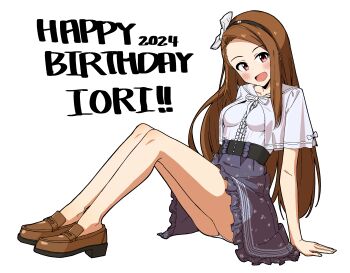 Rule 34 | 1girl, :d, arm support, bakawahitori, black hairband, blush, bow, breasts, brown hair, brown shoes, character name, full body, hair bow, hairband, happy birthday, hashtag-only commentary, head tilt, highres, idolmaster, idolmaster (classic), loafers, long hair, looking at viewer, minase iori, open mouth, panties, red eyes, shirt, shoes, simple background, sitting, skirt, smile, solo, underwear, white background, white bow, white panties