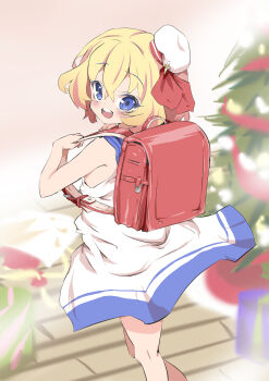 1girl armpit_crease backpack bag blonde_hair blue_eyes blurry blurry_background christmas_tree commentary_request cowboy_shot from_behind highres jashin-chan_dropkick lierre looking_at_viewer looking_back muu_rian open_mouth randoseru sleeveless smile solo