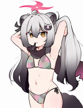 1girl alternate_costume animal_ears armpits arms_behind_head bikini black_scarf blue_archive breasts commentary dit_dit eyeshadow grey_hair groin hair_between_eyes hair_tie_in_mouth halo highres long_hair looking_at_viewer makeup michiru_(blue_archive) mouth_hold navel raccoon_ears raccoon_girl raccoon_hair_ornament raccoon_tail red_eyeshadow red_halo scarf short_eyebrows side-tie_bikini_bottom simple_background small_breasts solo stomach swimsuit tail tying_hair white_background yellow_eyes