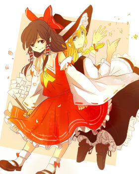 Rule 34 | 2girls, apron, ascot, bigreen, black skirt, blonde hair, bow, braid, brown hair, brown shoes, closed mouth, commentary, detached sleeves, frilled hair tubes, frilled skirt, frills, gohei, hair bow, hair tubes, hakurei reimu, hat, holding, holding gohei, kirisame marisa, long hair, long sleeves, multiple girls, red bow, red eyes, red skirt, ribbon-trimmed sleeves, ribbon trim, shoes, side braid, single braid, skirt, skirt set, smile, socks, star (symbol), touhou, waist apron, white apron, white socks, witch hat, yellow ascot, yellow eyes