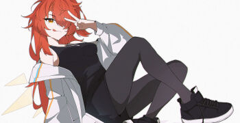 1girl arknights black_pantyhose black_shirt black_shorts breasts commentary exusiai_(arknights) hair_over_one_eye highres jacket long_hair looking_at_viewer medium_breasts orange_eyes pantyhose postalworks shirt short_shorts shorts simple_background solo tongue tongue_out v white_background white_jacket