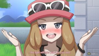 1girl black_eyes black_shirt blush brown_hair collarbone commentary english_commentary english_text godichi hat long_hair nintendo open_mouth outdoors pink_hat pokemon pokemon_xy serena_(pokemon) shirt solo upper_body