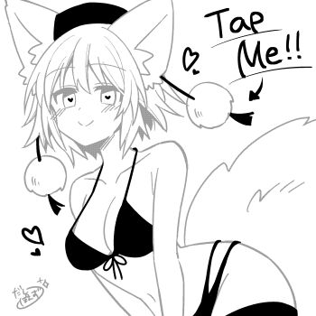 Rule 34 | 1girl, absurdres, animal ears, bikini, blush, breasts, cleavage, closed mouth, collarbone, commentary, greyscale, groin, hat, heart, heart-shaped pupils, highres, inubashiri momiji, large breasts, looking at viewer, meme, monochrome, navel, pokopoko ponzu, pom pom (clothes), short hair, signature, smile, solo, swimsuit, symbol-shaped pupils, tail, tap me (meme), thighhighs, tokin hat, touhou, wolf ears, wolf girl, wolf tail