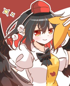 Rule 34 | 1girl, bird wings, black bow, black bowtie, black hair, black wings, blush, bow, bowtie, closed mouth, collared shirt, commentary request, hat, holding, looking at viewer, medium hair, pointy ears, pom pom (clothes), puffy short sleeves, puffy sleeves, red eyes, red hat, shameimaru aya, shirt, short sleeves, smile, solo, tokin hat, touhou, upper body, wakana1327, white shirt, wings