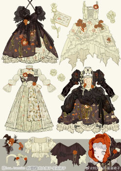 1girl black_bonnet black_bow black_dress black_flower black_hairband black_rose black_shirt bonnet bow bow_hairband brooch clothes_focus cross-laced_clothes cross-laced_dress dress expressionless floral_print flower flower_brooch frilled_dress frills grey_hair hair_through_headwear hairband hat hat_bow hat_flower highres jewelry lipstick liu_dalizi_-_ai_huan_qunzi lolita_fashion long_sleeves makeup medium_hair object_focus original parted_lips peony_(flower) puffy_long_sleeves puffy_short_sleeves puffy_sleeves red_flower red_lips red_rose rose shirt shoes short_sleeves sleeveless sleeveless_dress striped_bow unworn_dress unworn_hairband unworn_shirt unworn_shoes upper_body watermark weibo_watermark white_background white_bow white_dress white_eyes white_hairband white_shirt