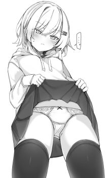 ... 1girl bow bow_panties closed_mouth clothes_lift commentary_request greyscale hair_ornament hairclip highres hood hood_down hoodie lifting_own_clothes long_sleeves monochrome original otokuyou paid_reward_available panties parallel_hairclips ringo-chan_(otokuyou) skirt skirt_lift solo speech_bubble spoken_ellipsis thighhighs underwear variant_set