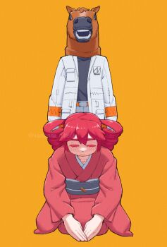 2girls a.i._voice adachi_rei arms_at_sides bowing closed_eyes commentary_request drill_hair full_body highres horse_mask jacket japanese_clothes kanbaru_mitsuki kasane_teto kimono long_sleeves mask multiple_girls obi open_clothes open_jacket own_hands_together red_hair red_kimono sash seiza simple_background sitting straight-on twin_drills utau white_jacket