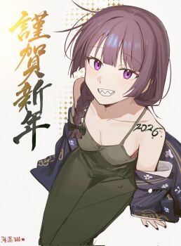 1girl 2026 black_nails blush bocchi_the_rock! braid breasts chinese_commentary cleavage commentary dress green_dress haidao_mao highres hiroi_kikuri long_hair looking_at_viewer medium_breasts nail_polish open_mouth purple_eyes purple_hair sharp_teeth simple_background single_braid teeth white_background