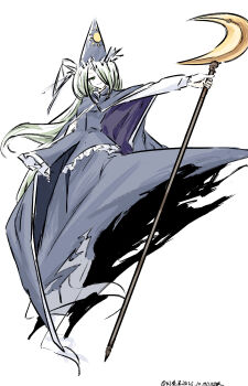 Rule 34 | 1girl, absurdres, artist name, blue cape, blue hat, blue shirt, blue skirt, cape, chinese commentary, commentary request, crescent, dated, full body, ghost tail, green eyes, green hair, hair over one eye, hat, highres, holding, holding staff, long hair, long sleeves, looking at viewer, mima (touhou), mixed-language commentary, one-hour drawing challenge, purple cape, shirt, simple background, skirt, smile, solo, staff, sun print, touhou, touhou (pc-98), two-sided cape, two-sided fabric, ve1024, very long hair, white background, wizard hat