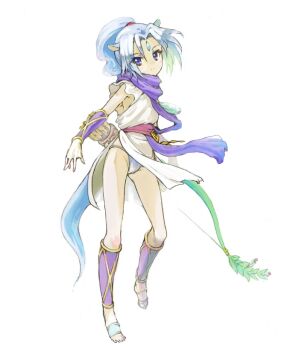 Rule 34 | 10s, 1girl, animal ears, arrow (projectile), bow (weapon), chikuwa (tks), diamond (gemstone), dog days, female focus, forehead jewel, full body, gold trim, horse ears, horse girl, horse tail, light purple hair, long hair, panties, ponytail, purple hair, quiver, sharu (dog days), simple background, solo, tail, underwear, weapon, white background, white panties