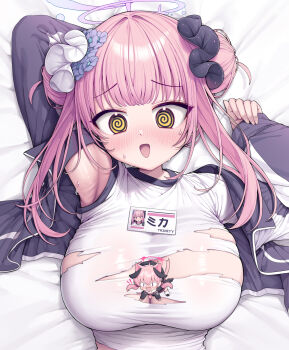 <|>_<|> 2girls @_@ all_fours animal_ears arm_behind_head armpits black_shirt black_wings blue_archive blue_flower blue_jacket blush breasts cat_ears cat_girl cat_tail cleavage commentary double_bun flower hair_bun hair_flower hair_ornament hair_scrunchie halo head_wings highres id_card jacket kneehighs koharu_(blue_archive) large_breasts metaljelly mika_(blue_archive) mika_(track)_(blue_archive) multiple_girls neckerchief official_alternate_costume official_alternate_hairstyle open_clothes open_jacket open_mouth pink_hair pink_neckerchief purple_halo purple_scrunchie red_halo sailor_collar scrunchie shirt socks sweat t-shirt tail tight_clothes tight_shirt torn_clothes torn_shirt twintails untranslatable_commentary upper_body white_sailor_collar white_scrunchie white_shirt white_socks wings yellow_eyes