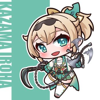 Rule 34 | 1girl, :d, absurdres, afterimage, aqua eyes, black gloves, black hairband, black sandals, blush, chain, character name, chibi, commentary request, fingerless gloves, full body, gloves, green background, green skirt, hair between eyes, hair flaps, hairband, highres, holding, holding weapon, hololive, japanese clothes, kazama iroha, kimono, kusarigama, light brown hair, long sleeves, open mouth, outline, pleated skirt, ponytail, saishosaisekojo, sandals, sarashi, sickle, skirt, smear frame, smile, solo, standing, standing on one leg, thighhighs, two-tone background, virtual youtuber, weapon, white background, white kimono, white outline, white thighhighs, wide sleeves, zouri