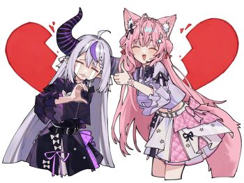2girls ^_^ absurdres ahoge animal_ears antenna_hair black_jacket black_skirt braid braided_bangs braided_bun broken_heart closed_eyes commentary_request crown_braid crying demon_horns double-parted_bangs double_bun facing_viewer grey_hair hair_bun hakui_koyori heart heart_hands_failure hexagon_hair_ornament highres hololive hololive_idol_uniform_(color_rise) horns jacket la+_darknesss long_hair long_sleeves miniskirt multicolored_hair multiple_girls official_alternate_costume pink_hair pointy_ears purple_streaks sidelocks single_hair_streak skirt slit_pupils streaked_hair streaming_tears striped_horns tail tears thumbs_up tsukino_(nakajimaseiki) very_long_hair virtual_youtuber wavy_hair white_jacket white_skirt wolf_ears wolf_girl wolf_tail