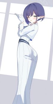 1girl absurdres adjusting_clothes adjusting_gloves aoi_(blue_archive) arm_up ass blue_archive blue_eyes blue_hair blue_halo blush d_(delt4) day dress earclip feet_out_of_frame gloves halo highres indoors looking_at_viewer looking_back mole mole_under_eye one_eye_closed open_mouth pointy_ears short_hair solo standing white_dress white_gloves