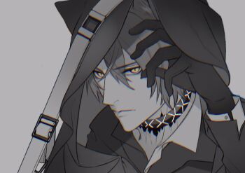 Rule 34 | 1boy, animal ears, ark1478, arknights, bishounen, cat boy, cat ears, choker, closed mouth, collared shirt, commentary request, gloves, grey background, greyscale, hair between eyes, hand up, highres, hood, hood up, infection monitor (arknights), long sleeves, looking at viewer, male focus, material growth, monochrome, oripathy lesion (arknights), phantom (arknights), shirt, short hair, simple background, slit pupils, solo, spot color, upper body, yellow eyes