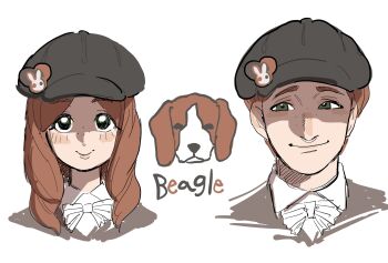 1boy 1girl animal_name beagle black_hat bow brown_hair closed_mouth creature_and_personification dancho_no_mori dog freckles green_eyes hat highres long_hair newsboy_cap original parted_bangs personification short_hair simple_background smile white_background white_bow