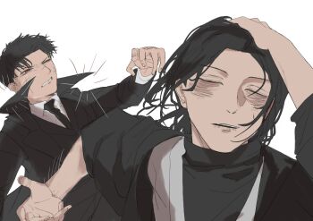 2boys adjusting_hair black_coat black_hair black_haori closed_eyes coat commentary dvendvendven english_commentary hair_slicked_back hand_in_own_hair hand_on_own_head haori highres japanese_clothes jujutsu_kaisen kagurabachi long_sleeves male_focus medium_hair meme multiple_boys naoya_hitting_choso_without_looking_(meme) necktie rapid_punches red_eyes rokuhira_chihiro scar scar_on_face scene_reference short_hair soga_akemura sword weapon