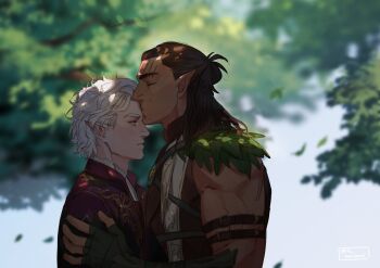 Rule 34 | 2boys, absurdres, arm belt, arm up, astarion, baldur's gate, baldur's gate 3, belt, belt buckle, blurry, blurry background, brown hair, buckle, closed mouth, coat, collar, commentary, couple, dark-skinned male, dark skin, dungeons & dragons, english commentary, facial mark, fingerless gloves, frilled collar, frills, gloves, gold trim, halsin, hand on another's shoulder, highres, kiss, leaf, looking at another, male focus, medium hair, mo ekakigasuki, multiple belts, multiple boys, outdoors, parted lips, plant, pointy ears, popped collar, profile, purple coat, red eyes, shirt, short hair, tree, upper body, wavy hair, white hair, white shirt, yaoi