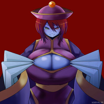 Rule 34 | 1girl, alternate breast size (larger), blue skin, breasts, claws, cleavage, cleavage cutout, closed mouth, clothing cutout, colored skin, commentary request, cosplay, cowboy shot, darkstalkers, dated, dress, green eyes, hair between eyes, hat, heterochromia, highres, hsien-ko, hsien-ko (cosplay), huge breasts, itini-sanshi, jiangshi, looking at viewer, purple dress, purple hat, qingdai guanmao, red background, red eyes, red hair, rozen maiden, short hair, simple background, smile, solo, souseiseki